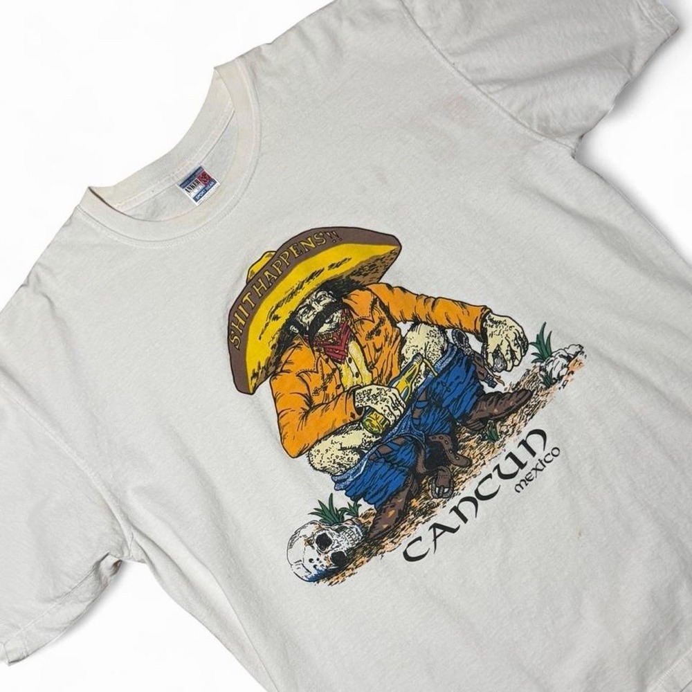 Vintage 90s Cancun Mexico Souvenir Poop Happens Funny Joke Graphic T-shirt XL - Picture 2 of 8